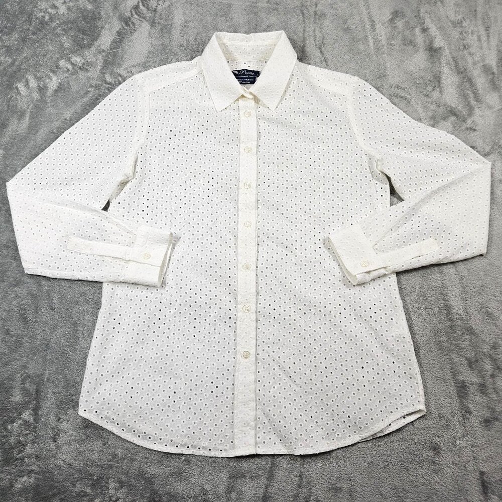 Poeta Top Womens Small White Eyelet Lace Cotton Button Up Feminine Blouse